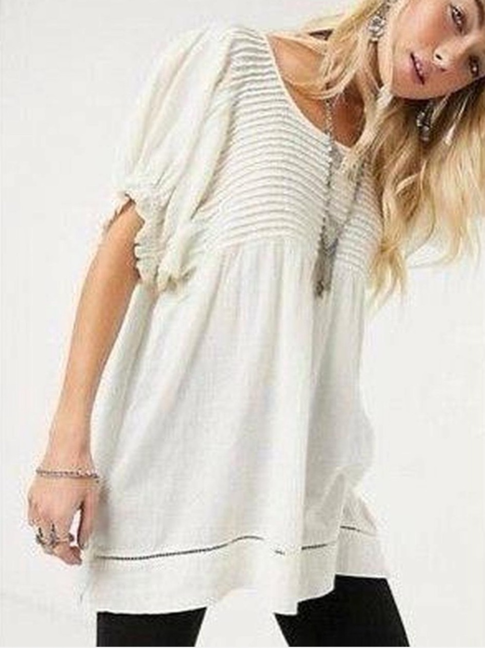 EUC Free People cotton & linen! short sleeve mini dress pintucks tunic size Med